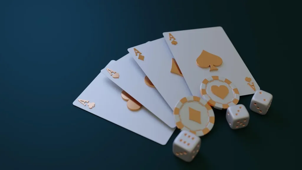 A fanned hand of four aces (gold suits on white cards), two casino chips, and two dice, all rendered in a clean, modern 3D style, symbolizing card games and gambling.