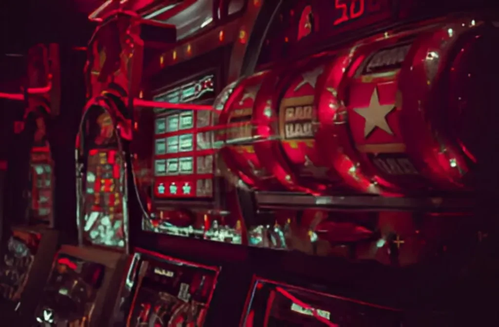 Row of illuminated slot machines in a dimly lit casino.