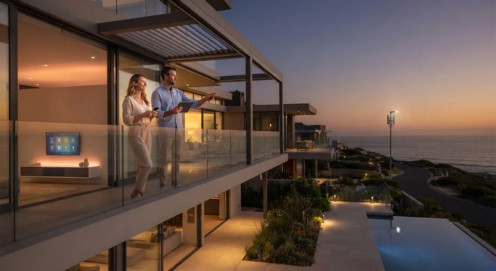 A couple standing on the glass balcony of a modern luxury coastal smart home at sunset, using a tablet to control connected home features while overlooking the ocean and a pool.