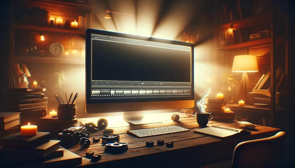 A cozy, dimly lit creative workspace featuring a desktop computer displaying video editing software, surrounded by books, candles, and a camera, suggesting a video production setup.