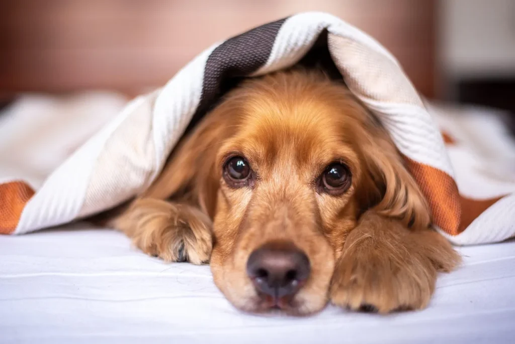 A cute brown dog peeking out from under a striped blanket with wide, curious eyes.