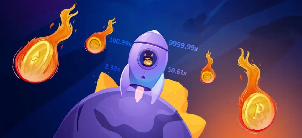 Cartoon illustration of a rocket ship with a dog in the window soaring upwards from a cracked planet, surrounded by flaming cryptocurrency coins showing varying multipliers, symbolizing the volatile nature of crash games and potential big wins.
