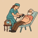 An illustration of a healthcare worker using a defibrillator with paddles on a patient seated in a medical chair.