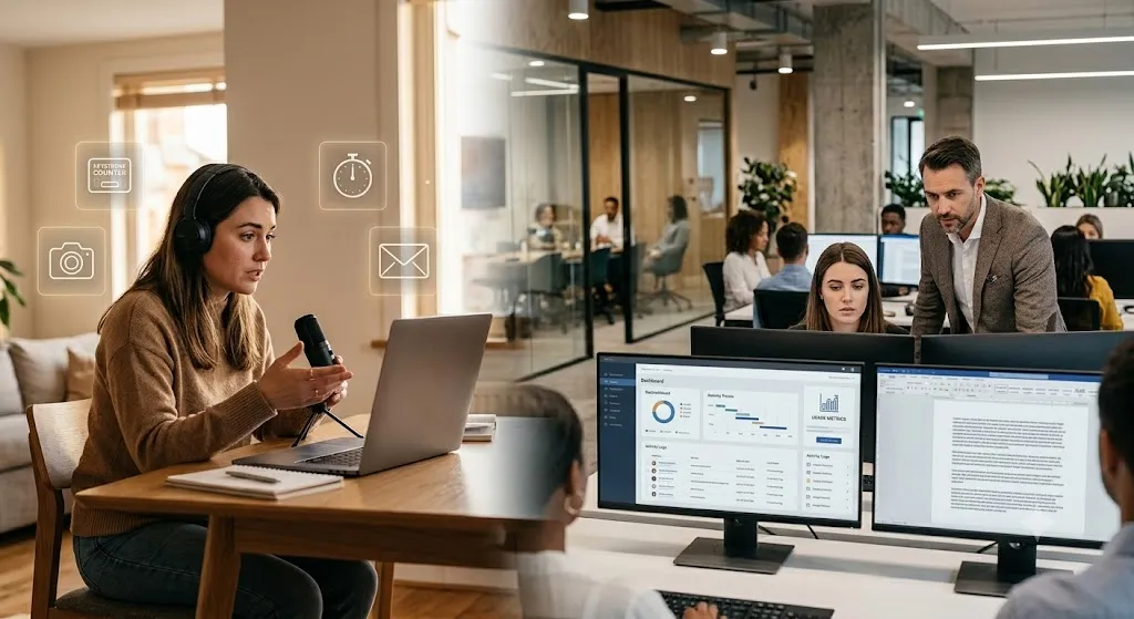 A split image showing a remote female worker on a video call surrounded by subtle tracking icons alongside a corporate office setting where a manager reviews analytics on an employee's computer monitor.
