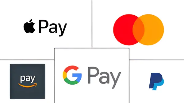 A collage of logos for major digital payment services, including Apple Pay, Mastercard, Amazon Pay, Google Pay, and PayPal.