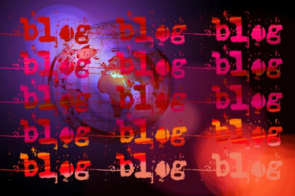 A digital graphic of a transparent globe surrounded by repeating, distressed instances of the word "blog" in vibrant colors, suggesting a global online network.