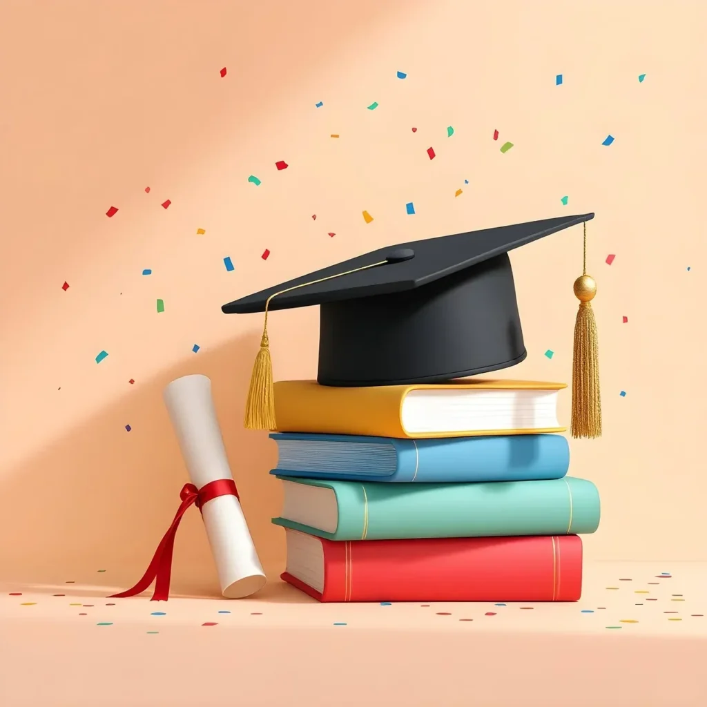 A stylized 3D image showing a black graduation cap with a gold tassel resting on a stack of colorful books, with a rolled-up diploma tied with a red ribbon next to it, and colorful confetti scattered around.