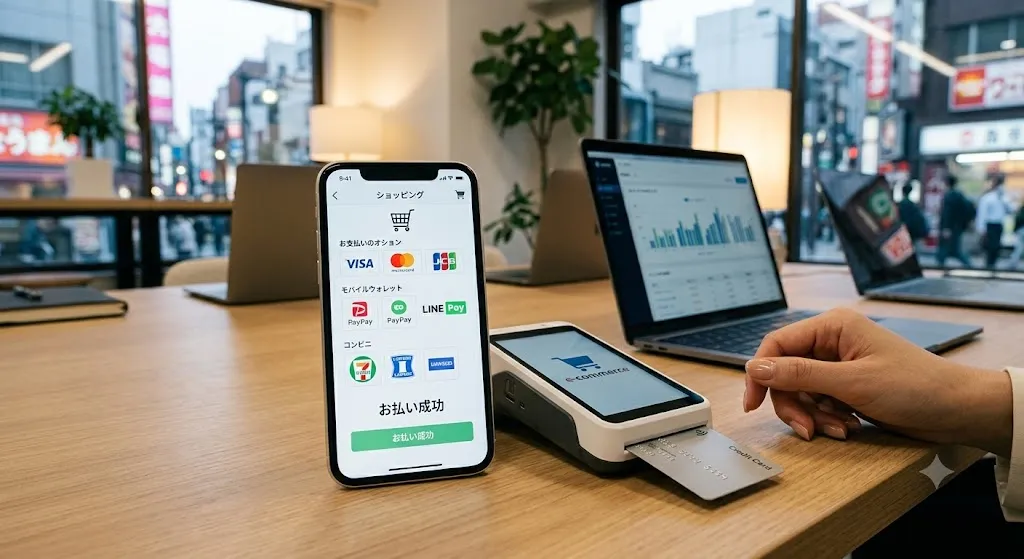 A smartphone displaying Japanese online payment methods including credit cards, mobile wallets like PayPay and LINE Pay, and convenience store Konbini options, sitting on a wooden desk next to a card payment terminal and a laptop showing e-commerce analytics against a Tokyo street backdrop.