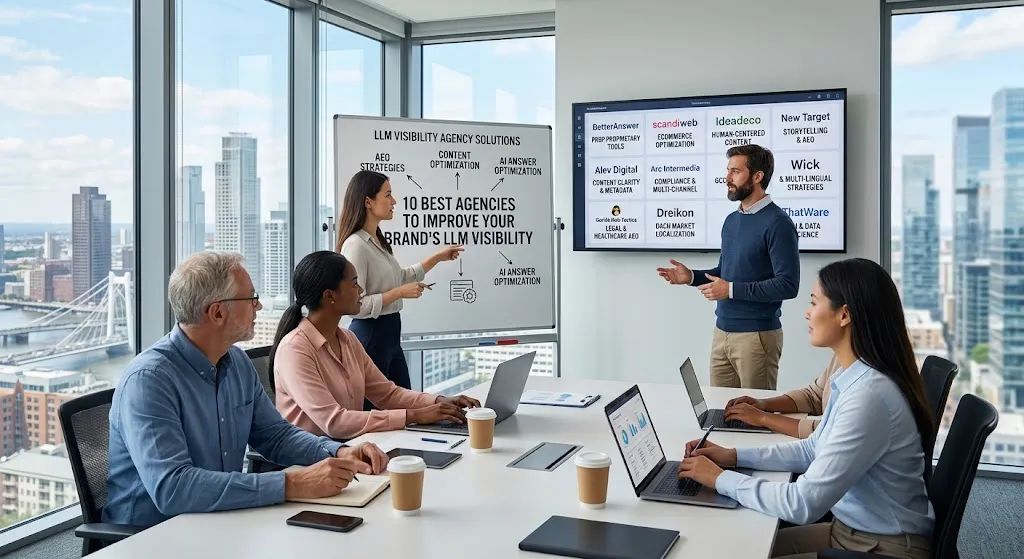 A team of digital marketing professionals attending a strategy presentation in a modern high-rise office with large floor-to-ceiling windows overlooking a city skyline. A presenter stands beside a whiteboard titled "10 BEST AGENCIES TO IMPROVE YOUR BRAND’S LLM VISIBILITY," which features a flowchart detailing AEO strategies and content optimization. A large wall-mounted monitor displays a grid of top optimization agencies, while seated team members take notes and work on laptops around a conference table.