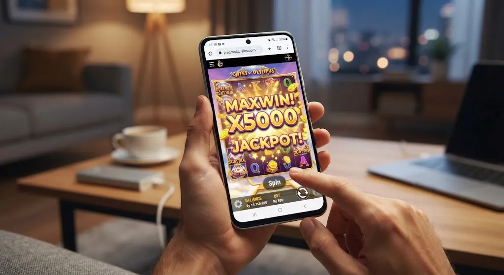 A person holding a smartphone showing an online slot machine game with a "Maxwin Jackpot" screen on the display, viewed in a cozy indoor setting with a laptop and coffee cup on a wooden table in the background.