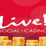 Piles of gold coins on a red background with the words 'Live! Social Casino'.