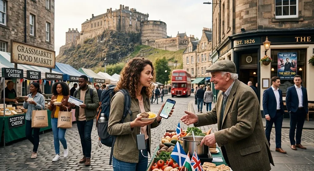 A young female traveler with a backpack exploring a bustling outdoor market on a historic cobblestone street in the United Kingdom, with an ancient castle towering in the background. She holds a bowl of local food and uses her smartphone—displaying a navigation app—to chat with a friendly elder local vendor wearing a flat cap and tweed jacket. Nearby stalls display signs for regional food, diverse visitors walk by, a red double-decker bus passes in the distance, and historic stone buildings frame the street.