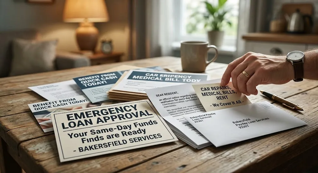 A close-up, top-down photograph of various papers, cards, and an open envelope spread across a worn wooden desk, including an official 'Emergency Loan Approval' notice, a communication regarding 'Car Repairs, Medical Bills, and Rent,' and mail from 'Bakersfield Loan Services.'
