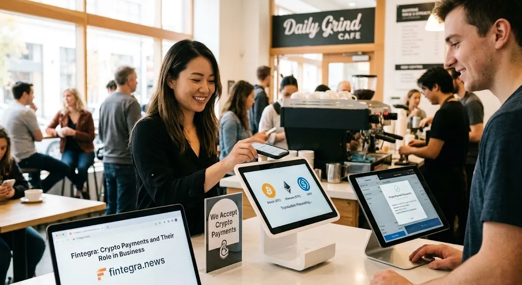A cheerful customer makes a cryptocurrency payment using her smartphone at a bustling cafe counter. The barista monitors the transaction on a tablet, which displays "Transaction Successful." A small sign on the counter reads "We Accept Crypto Payments," and a laptop in the foreground shows the article title, "Fintegra: Crypto Payments and Their Role in Business."