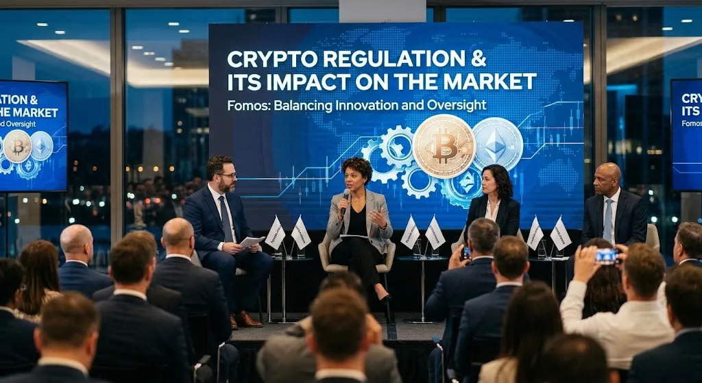 A professional panel discussion at a financial summit focused on cryptocurrency regulation. Four diverse panelists in formal business attire sit on stage, with a woman in the center speaking into a microphone. Behind them is a large high-definition digital display reading "CRYPTO REGULATION & ITS IMPACT ON THE MARKET" alongside stylized icons of Bitcoin, Ethereum, and digital network gears. An audience of professionals sits in the foreground, facing the stage inside a modern high-rise venue with floor-to-ceiling windows overlooking a city skyline at night.