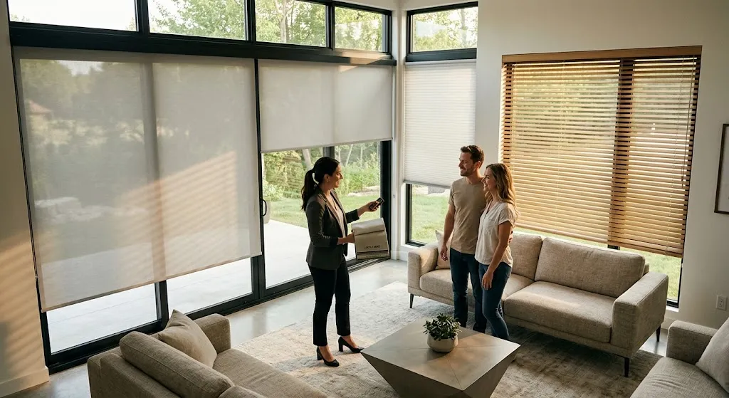 A professional interior design consultant presenting custom window blind options to a couple in a brightly lit modern living room. The consultant holds fabric samples and a remote control near large glass patio doors with sleek, semi-sheer roller shades. Beside them are large floor-to-ceiling windows featuring automated cellular honeycomb blinds and natural wood slat blinds. Warm daylight filters through into the stylishly furnished open-concept home.