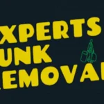 Yellow text "EXPERTS JUNK REMOVAL" on a dark background with a green line drawing of a person carrying two bags.