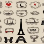 A collage of French-themed illustrations including the Eiffel Tower, hearts, frames, a typewriter, and other Parisian motifs.