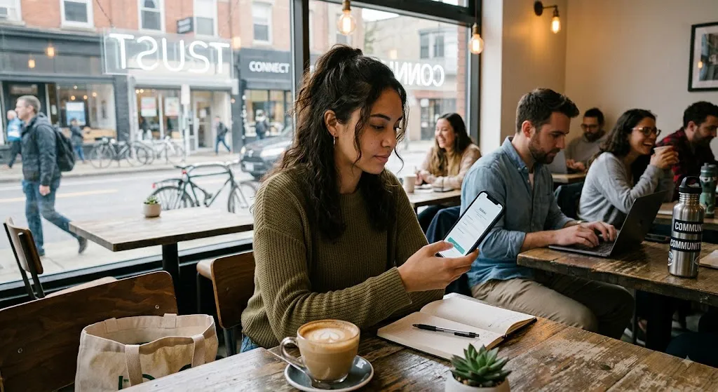 A candid, realistic photograph from inside a modern coffee shop, showing a diverse group of people using digital technology. A woman in the foreground is holding and looking at a smartphone, while other patrons nearby work on laptops or tablets. In the background, visible through a large window overlooking a city street, are illuminated signs that read "TRUST" and "CONNECT," illustrating how external signals influence platform choice. The atmosphere is warm and active.