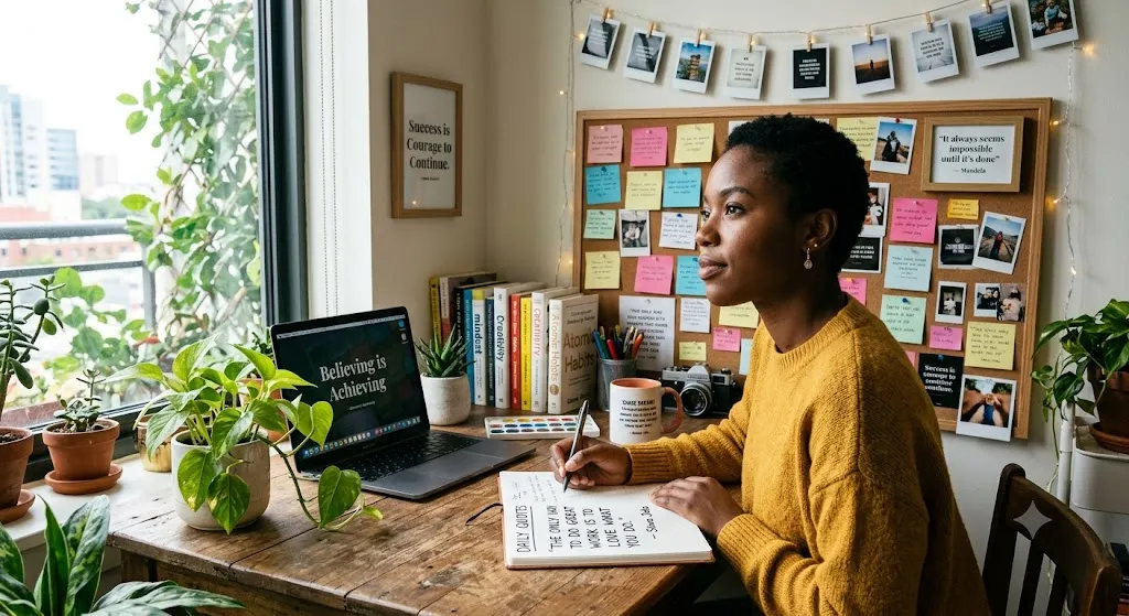 A woman journaling daily motivational quotes at a cozy, organized workspace designed for creativity and personal inspiration.