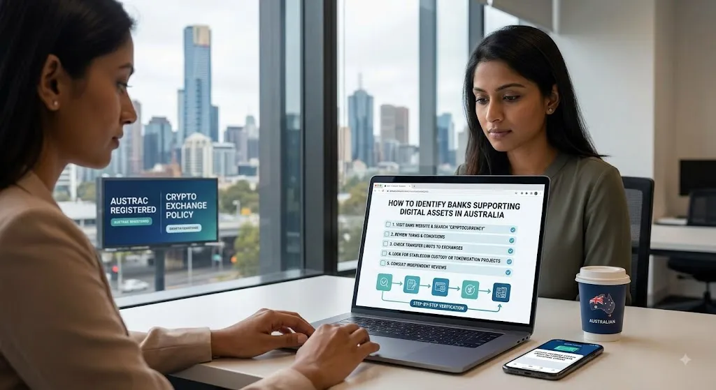 Two women in a modern office with a city skyline view look at a laptop screen displaying a guide titled "How to Identify Banks Supporting Digital Assets in Australia." The screen shows a checklist of five steps including visiting bank websites for "cryptocurrency," reviewing terms, and checking for stablecoin custody. In the background, a digital billboard is visible out the window with the text "AUSTRAC REGISTERED" and "CRYPTO EXCHANGE POLICY."