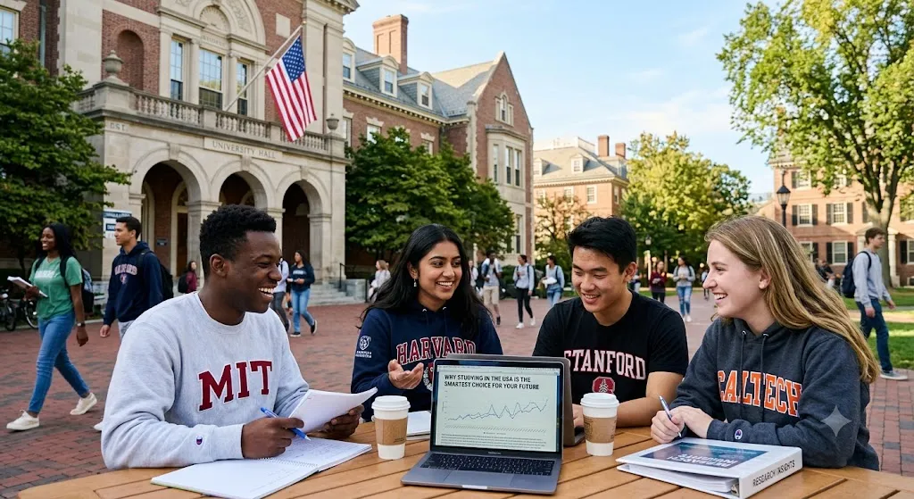 A diverse group of international university students sitting together at an outdoor campus table, studying with laptops and textbooks in front of a classic American college building.