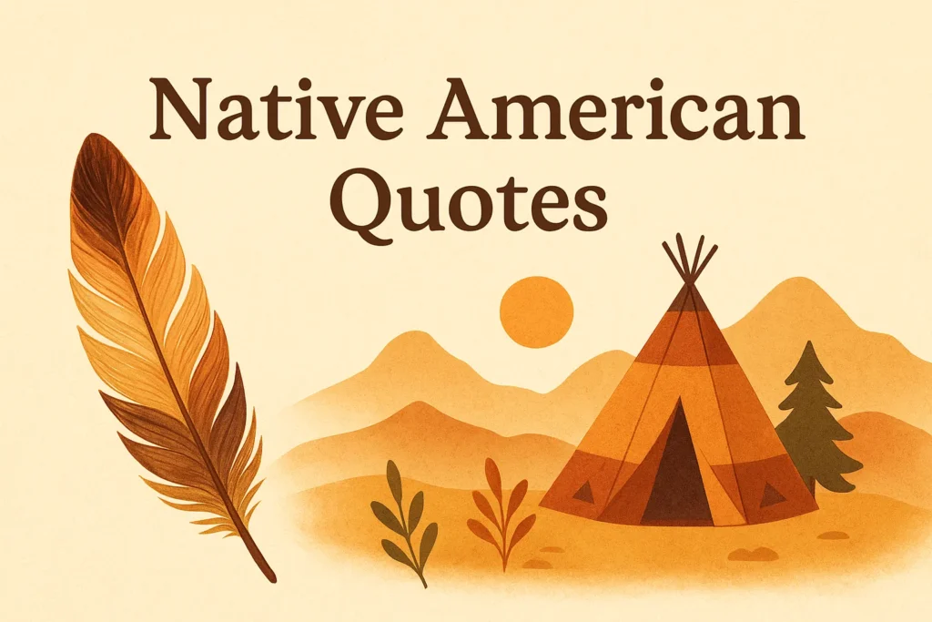 A graphic with "Native American Quotes" text, a large feather, a teepee, and a desert landscape.
