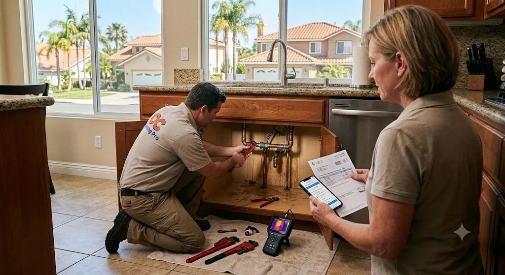 A professional plumber inspecting and repairing corroded pipes under a kitchen sink using tools and thermal leak detection equipment, while a homeowner reviews a water bill in an Orange County home.
