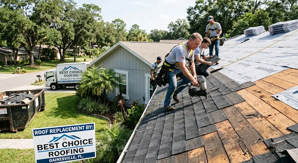A high-angle photograph showing a roofing crew actively installing new asphalt shingles on a single-story ranch home. A foreground sign and a white box truck in the background both display the text "BEST CHOICE ROOFING - GAINESVILLE, FL." A dumpster filled with debris sits near the street. The background features lush green grass, a palm tree, and mature oak trees.