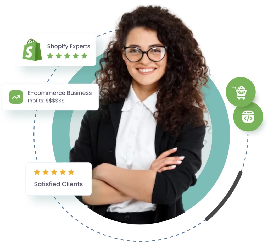 A smiling woman in glasses and a suit, representing a Shopify consultant, surrounded by graphics indicating "Shopify Experts," "E-commerce Business Profits," and "Satisfied Clients."