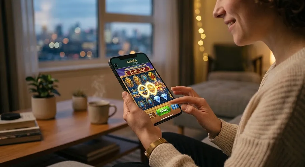 A close-up photograph capturing a woman's hands holding a smartphone in a warmly lit living room at night. She is smiling and using her index finger to press the green "SPIN" button on a vertical-oriented online slot game interface titled "MAHBET." The screen displays a "PROGRESSIVE JACKPOT" and a winning line of glowing symbols. Out-of-focus city lights glow outside a large window in the background, and string lights hang in the room. Potted plants and a coffee table with books and a mug complete the cozy scene.
