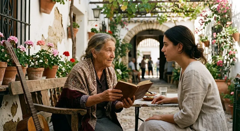 Elderly Spanish woman sharing wisdom from an old journal with a younger woman in a traditional Mediterranean patio, illustrating timeless Spanish sayings and quotes.