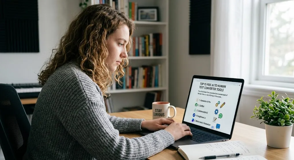 A profile-angle photograph of a young woman with curly hair wearing a gray sweater, sitting at a wooden desk in a home office and typing on a laptop. The laptop screen displays a web page titled "Top 10 Free AI to Human Text Converter Tools" featuring a numbered list with icons. On the desk sit an open notebook with a pen, a mug reading "STAY CURIOUS," and a small potted green plant. Bookshelves filled with books are visible in the background.