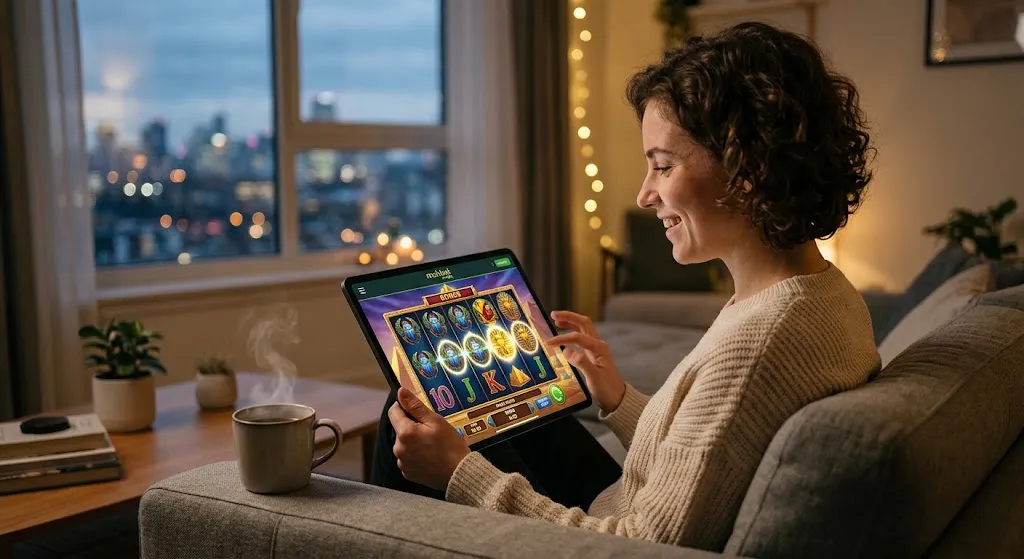 A side-profile photograph of a smiling woman with short curly hair sitting comfortably on a gray sofa in her living room at dusk, holding a digital tablet. The screen displays a colorful Egyptian-themed online slot game with glowing symbols. In the background, out-of-focus city lights glow through a window, and a warm desk lamp and string lights illuminate the cozy room. A steaming mug rests on a coffee table next to her.