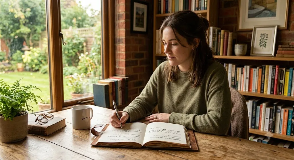 A candid photograph of a woman writing in a daily wisdom journal at a wooden desk by a window overlooking a garden. The desk is cluttered with books, a coffee mug, and glasses. She is wearing a cozy green sweater and has her hair tied back. The background is a full wall of bookshelves.