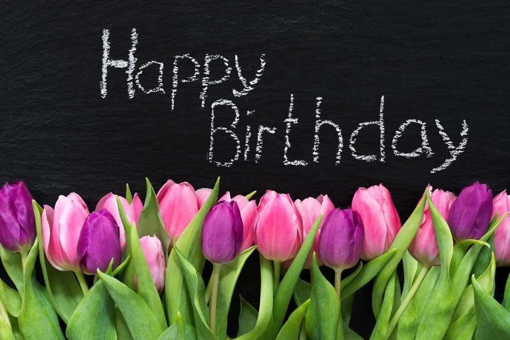 A close-up view of vibrant pink and purple tulips with green stems against a dark background, with "Happy Birthday" written above in white chalk.