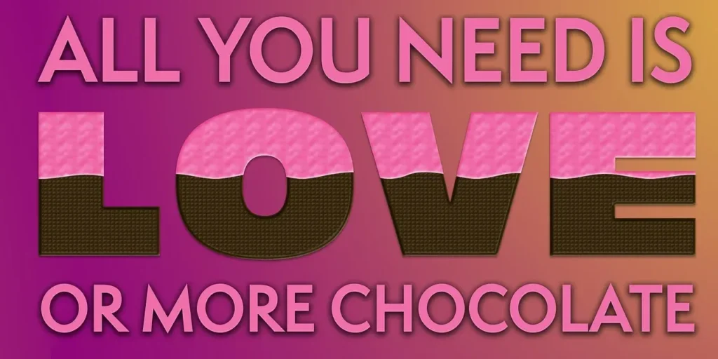 A digital graphic with the text "ALL YOU NEED IS LOVE" above the word "LOVE" in large pink, chocolate-dipped letters, and "OR MORE CHOCOLATE" below it, set against a pink and purple gradient background.