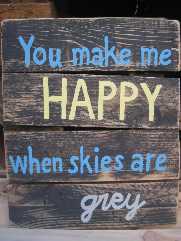 A rustic wooden sign made of dark planks with the hand-painted message: "You make me HAPPY when skies are grey" in blue, yellow, and white letters.