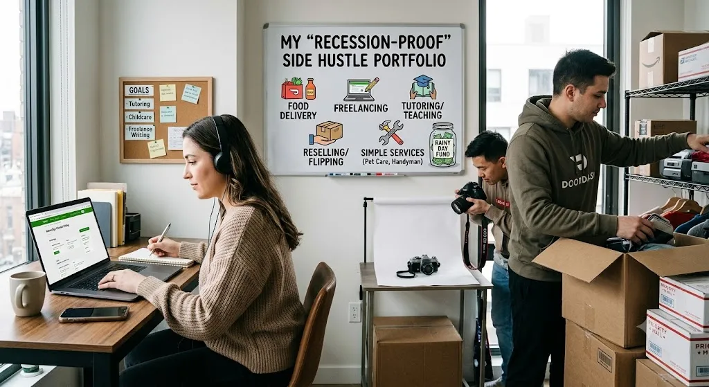 A split image illustrating multiple 'recession-proof' side hustle concepts. On the left, a person in a brown sweater and headphones works on a laptop, with a corkboard listing 'Goals' including 'Tutoring', 'Childcare', and 'Freelance Writing'. A center whiteboard reads 'MY "RECESSION-PROOF" SIDE HUSTLE PORTFOLIO' and lists categories with icons: 'FOOD DELIVERY', 'FREELANCING', 'TUTORING/TEACHING', 'RESELLING/FLIPPING', and 'SIMPLE SERVICES (Pet Care, Handyman)', along with a "RAINY DAY FUND" money jar. On the right, two men are actively working; one is in a 'DOORDASH' hoodie managing packages of clothes and items, and another is taking product photos with a DSLR camera and a lighting setup. The scene includes various boxes, items, and shipping supplies.