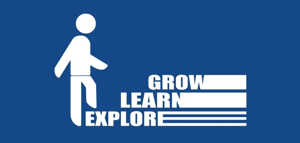 	A white stick figure walks on a solid blue background next to the inspirational words: "GROW," "LEARN," and "EXPLORE," with progress bars next to each word.