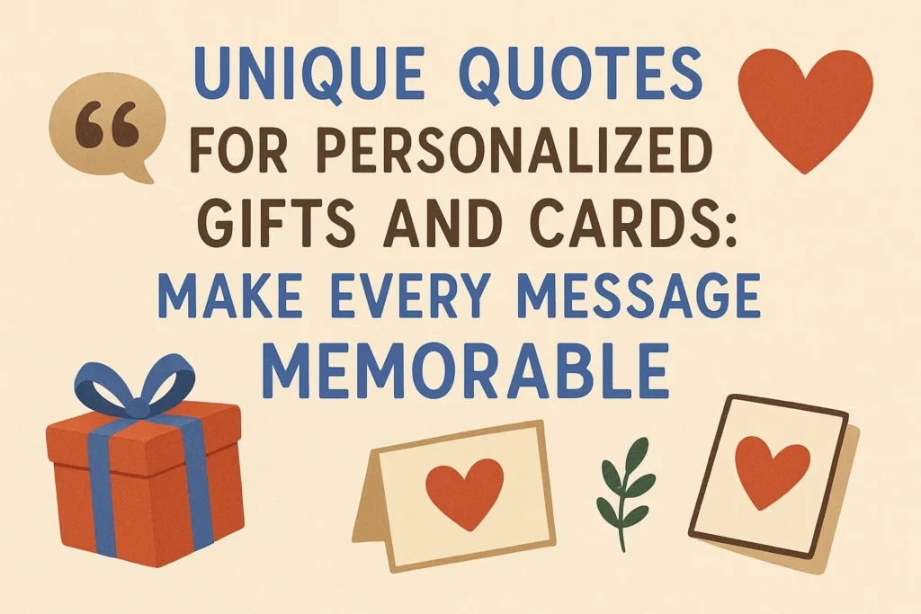 A graphic displaying the title "UNIQUE QUOTES FOR PERSONALIZED GIFTS AND CARDS: MAKE EVERY MESSAGE MEMORABLE," with illustrations of a speech bubble, a gift box, and greeting cards with hearts.