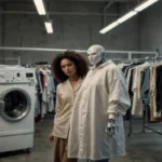 An AI-generated image of a woman with curly hair standing next to a realistic, humanoid robot in a laundry facility with large washing machines and racks of clothing, symbolizing the integration of AI into future jobs.