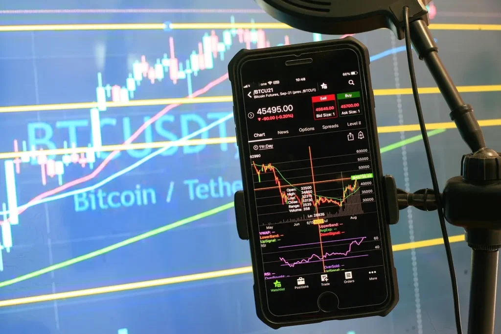 A smartphone mounted on a stand, showing a volatile Bitcoin futures trading chart with red and green candles, superimposed over a large, blurry screen displaying another crypto chart.