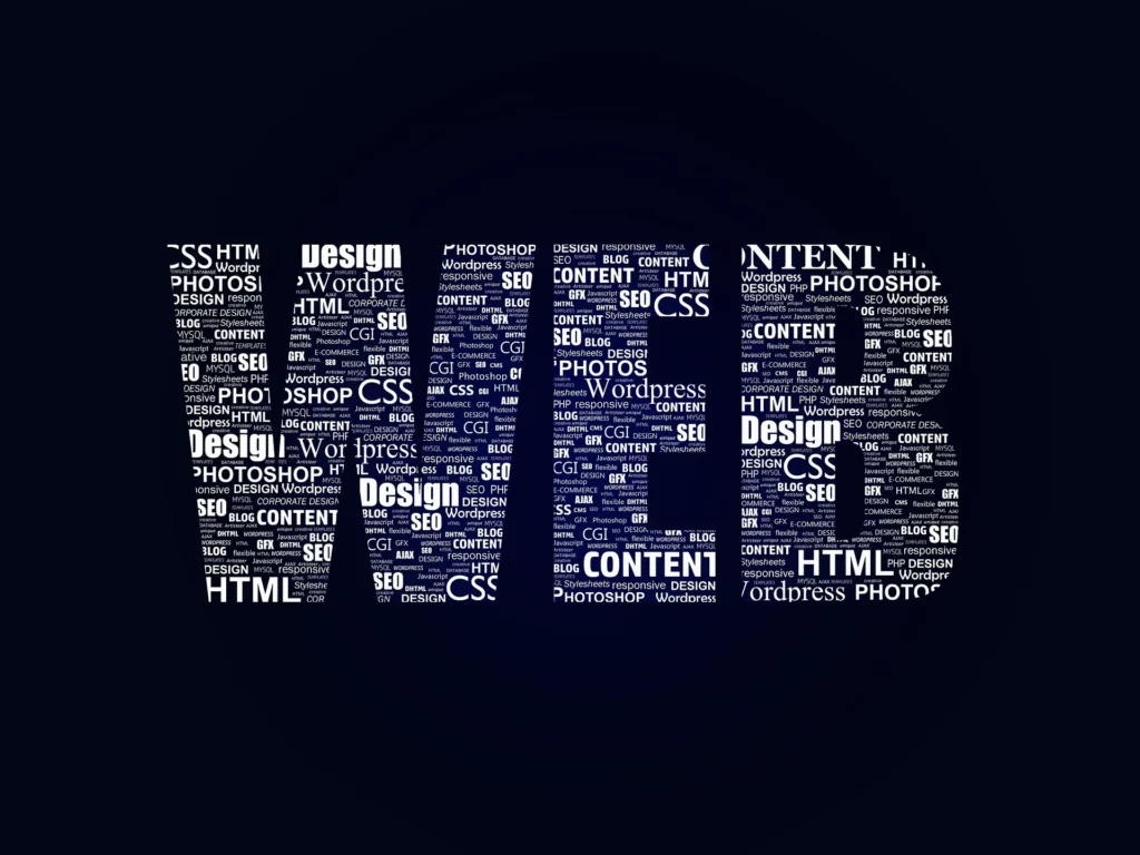 A word cloud forming the word "WEB" in large white capital letters against a dark background, composed of terms like HTML, CSS, Design, SEO, and WordPress.