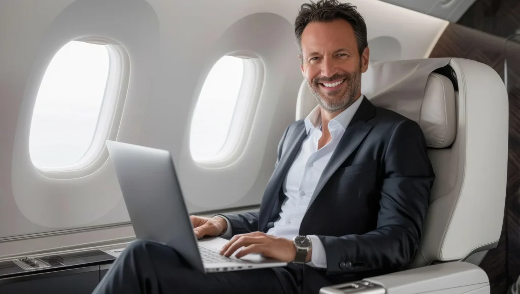 A smiling businessman using a laptop while sitting in a luxury private jet cabin, illustrating the convenience and efficiency of AI travel planning for modern travelers.