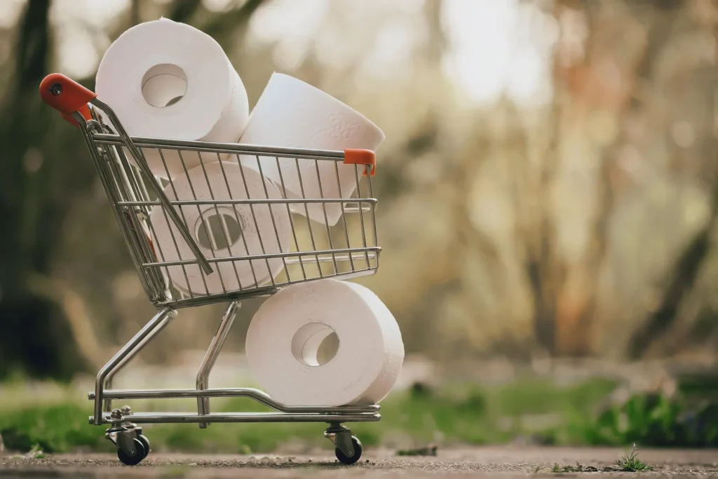 A miniature metal shopping cart overflowing with several rolls of white toilet paper, with one roll sitting on the bottom rack, set against a soft-focus outdoor nature background.