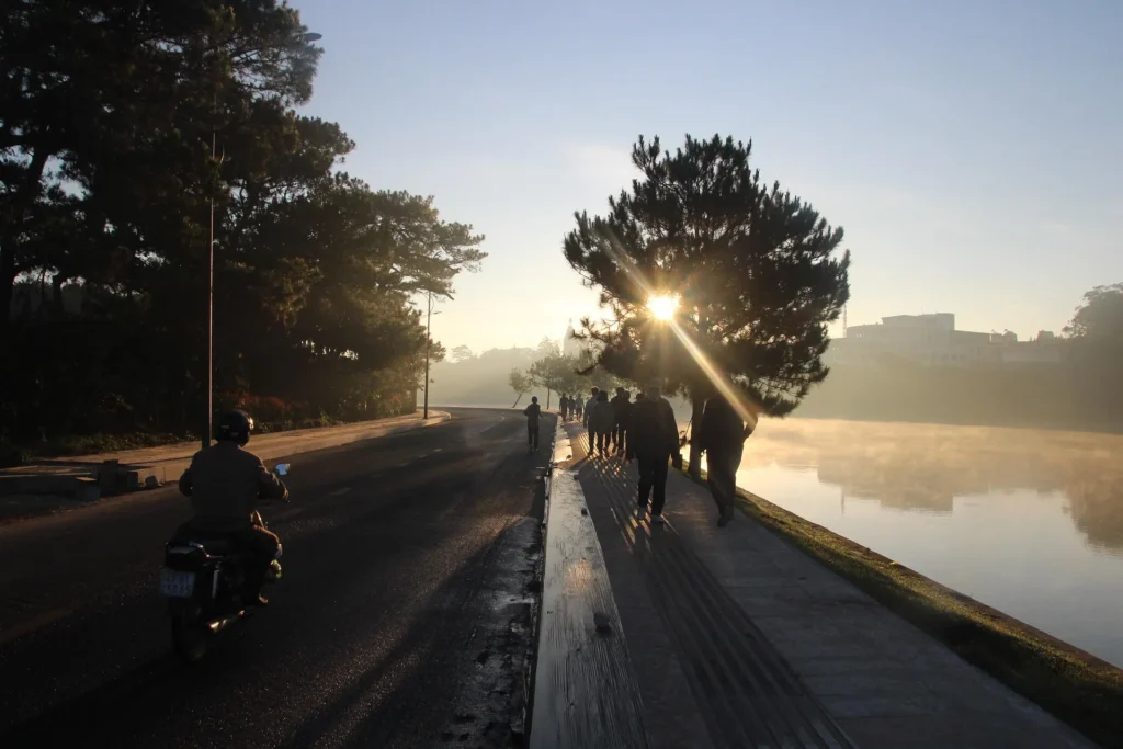 Morning Sunlight Exposure people walking by river