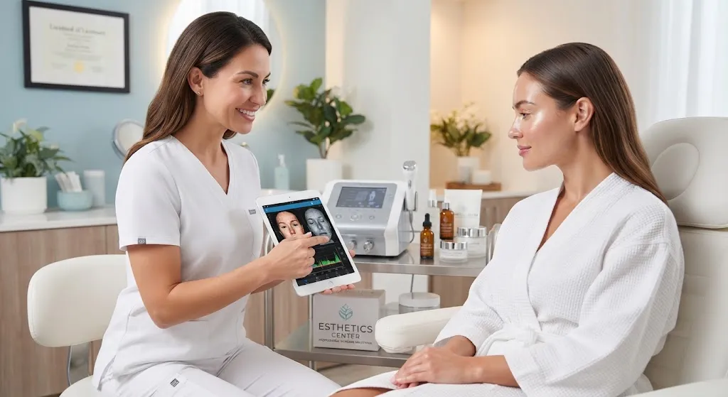 A licensed esthetician in a white uniform smiling and pointing to a digital tablet displaying a skin analysis, while consulting with a client wearing a white spa robe in a modern esthetics center.