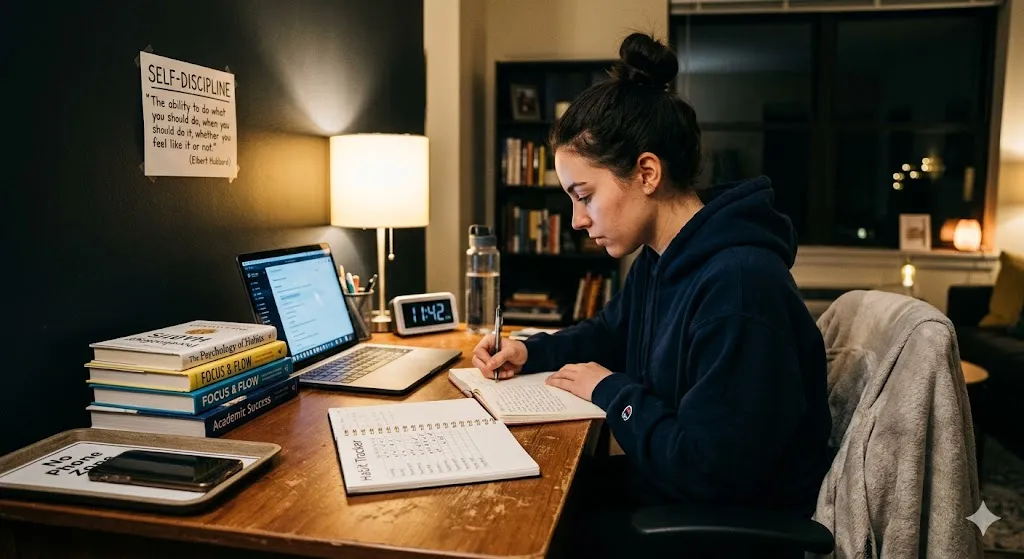 A person focused on studying and writing in a journal at a wooden desk at night. The organized workspace features a laptop, a habit tracker notebook, a digital clock reading 11:42, a water bottle, a stack of self-improvement books, and a "No Phone Zone" tray for a smartphone. A motivational quote about self-discipline by Elbert Hubbard is pinned to the wall under warm lamp lighting.