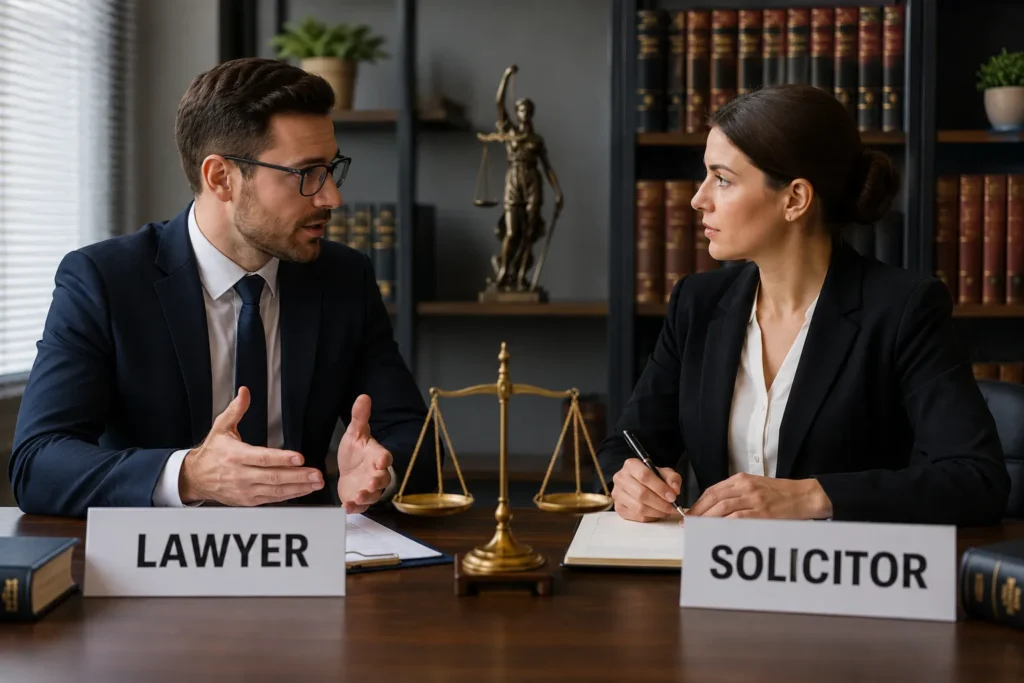 Lawyer vs solicitor difference explained with legal professionals discussing roles and responsibilities in a modern law office.